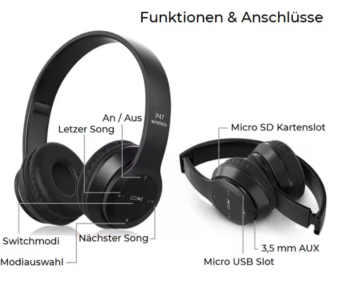 P47 BLACK -Bluetooth 5.3 TWS Headphones with Deep Bass